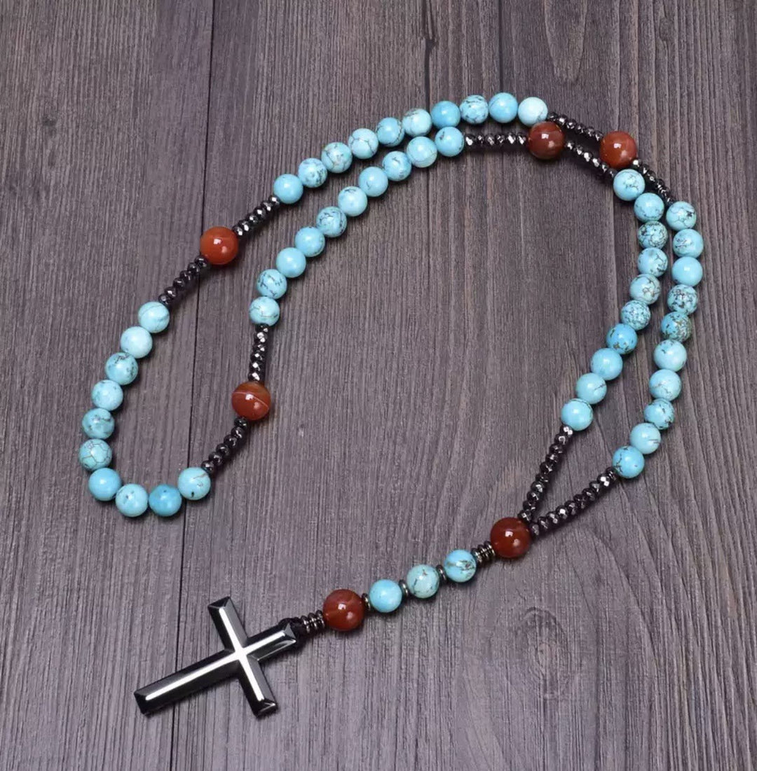 Collier pendentif chapelet catholique en pierre naturelle avec croix Olivenorma