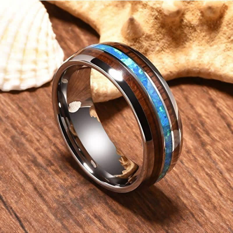 Bague en carbure de tungstène en bois de koa et coquille d'ormeau Olivenorma