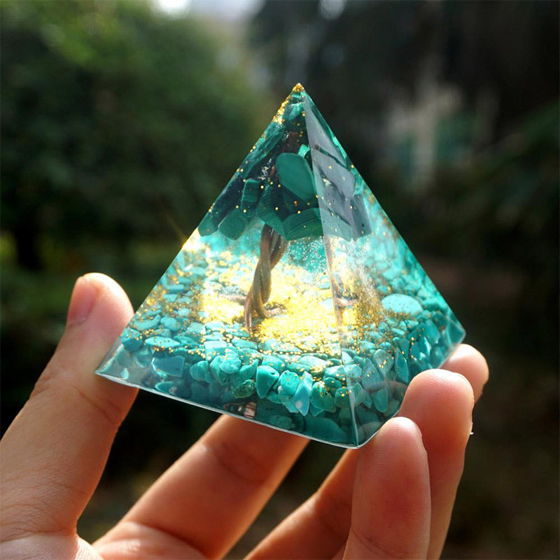 Pyramide d'orgone arbre de vie en malachite Olivenorma avec turquoise