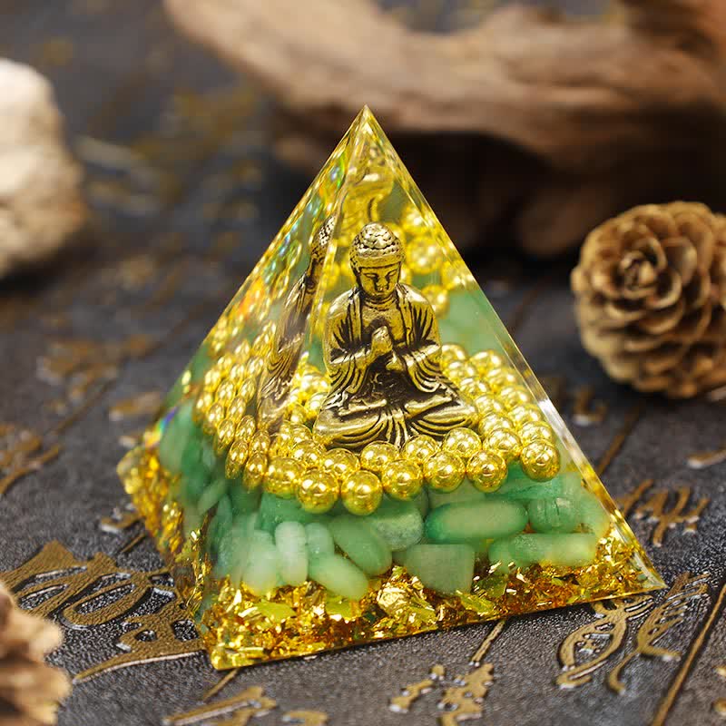 Aventurine verte Olivenorma avec pyramide d'orgone de Bouddha