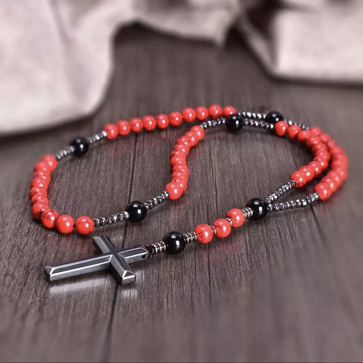 Collier pendentif chapelet catholique en pierre naturelle avec croix Olivenorma
