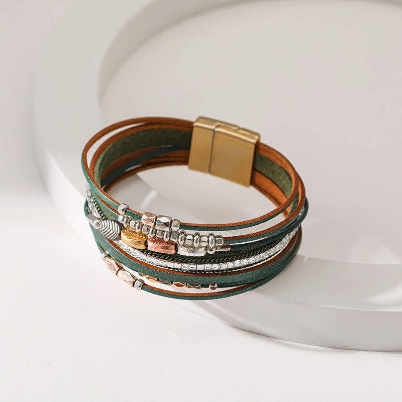 Bracelet en cuir à plusieurs niveaux avec feuille de zircon blanc et hématite Olivenorma