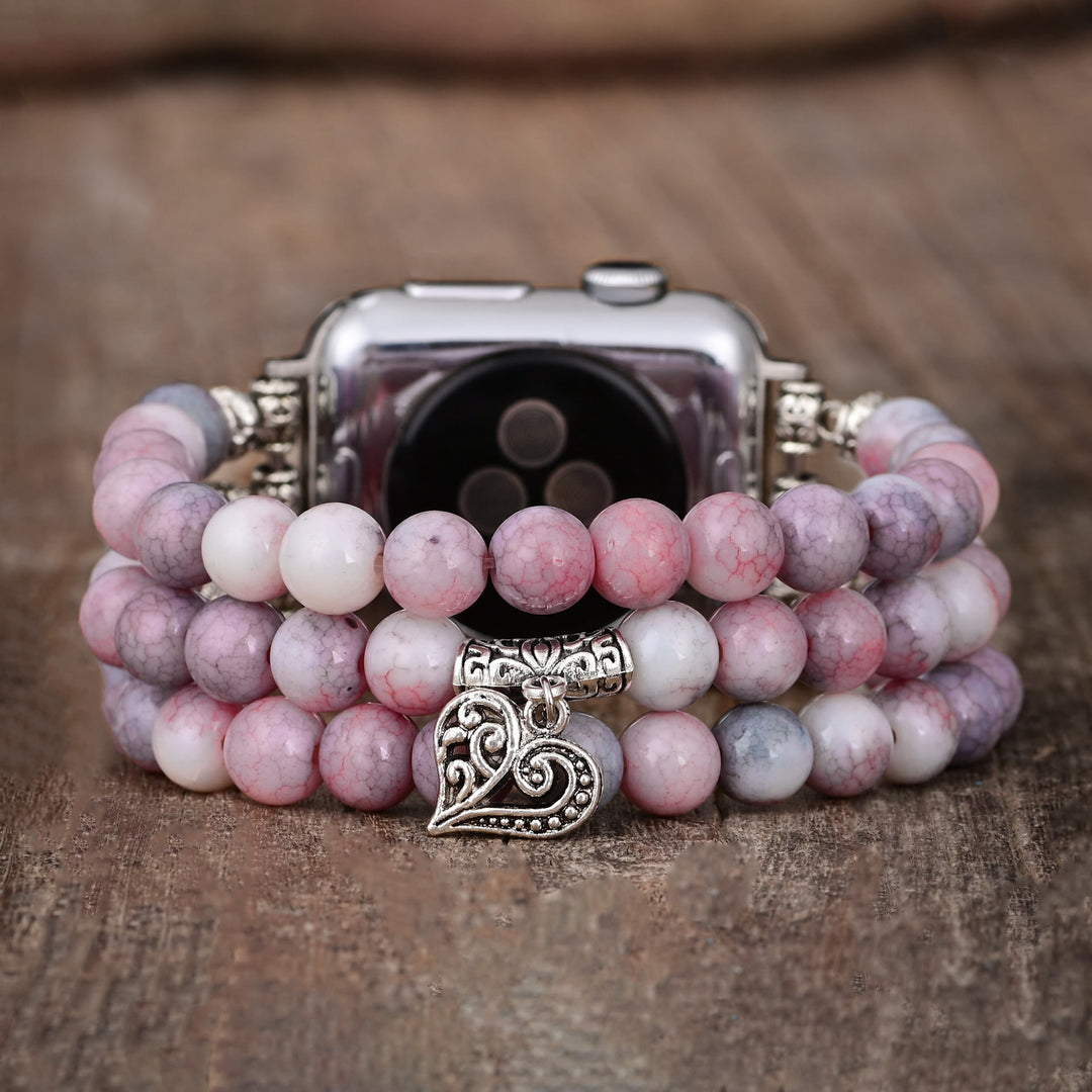 Bracelet de montre Apple en corde élastique perlée avec rhodochrosite Olivenorma