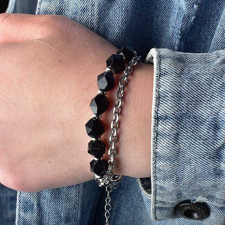 Bracelet en acier inoxydable avec onyx noir à facettes et œil de tigre Olivenorma