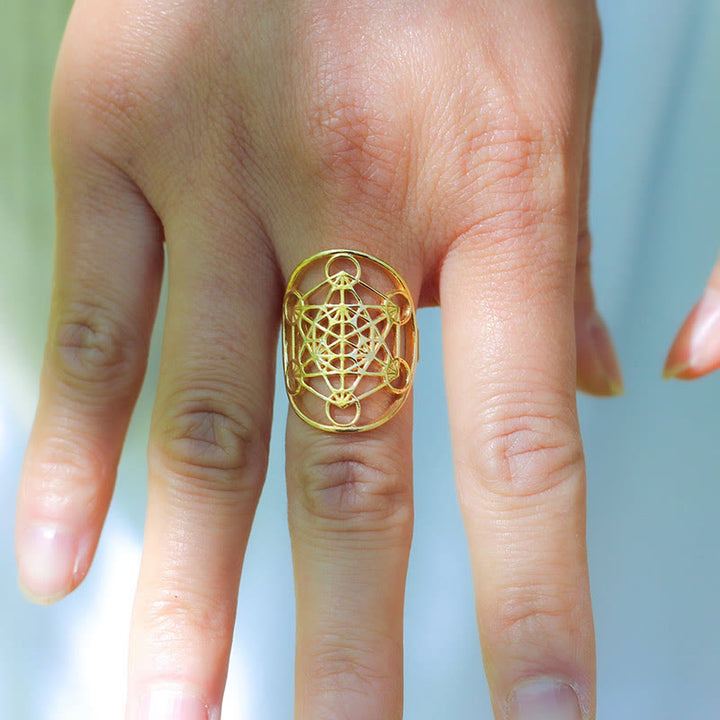 Bague ajustable en acier inoxydable avec symbole du cube de Métatron Olivenorma