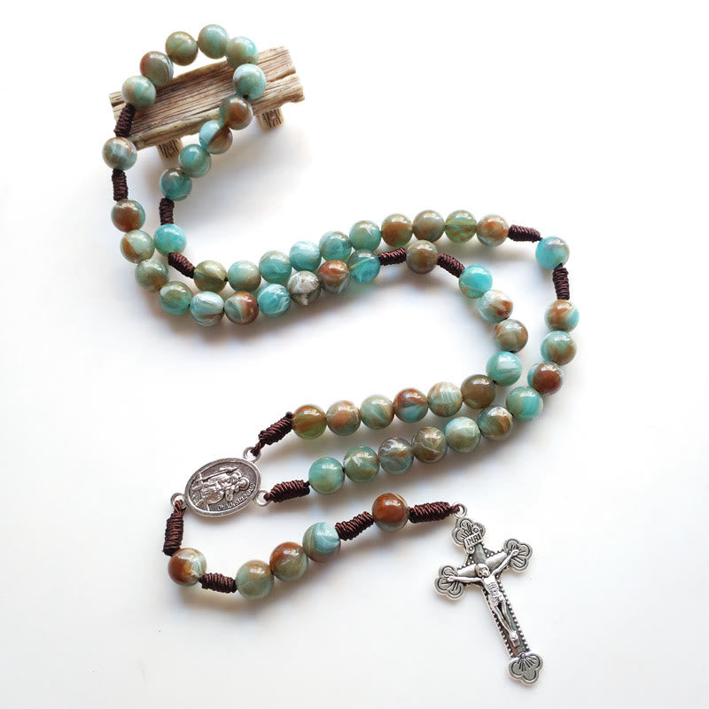 Collier chapelet avec pendentif croix en amazonite et médaille Sainte Marie Olivenorma
