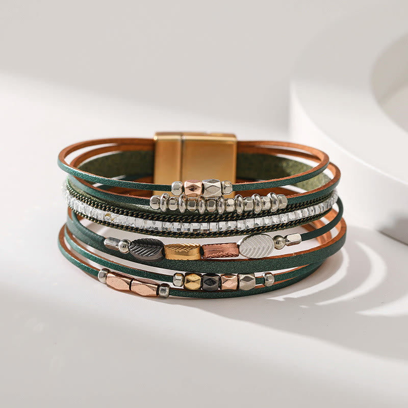 Bracelet en cuir à plusieurs niveaux avec feuille de zircon blanc et hématite Olivenorma