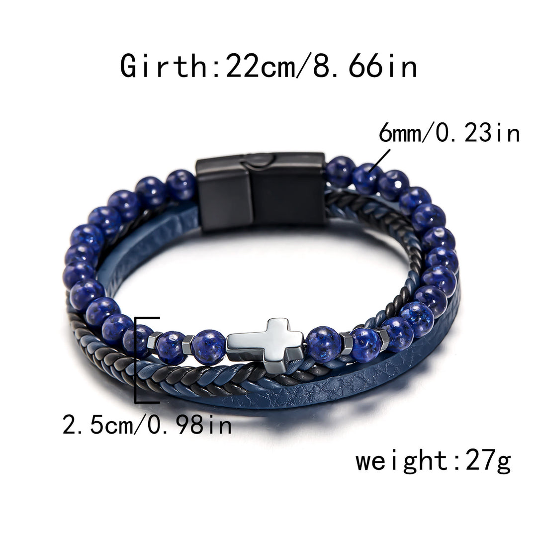 Bracelet en cuir tressé pour homme avec perles en pierre naturelle Olivenorma