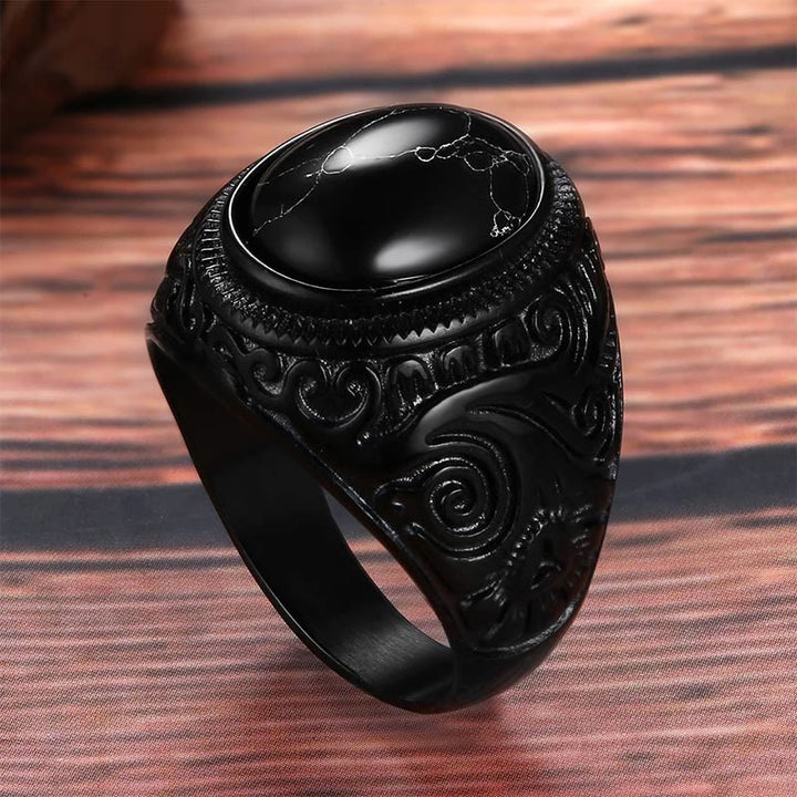 Bague homme rétro en pierre turquoise noire Olivenorma