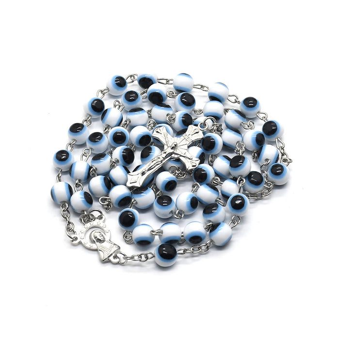 Collier chapelet avec pendentif croix contre le mauvais œil noir et blanc Olivenorma