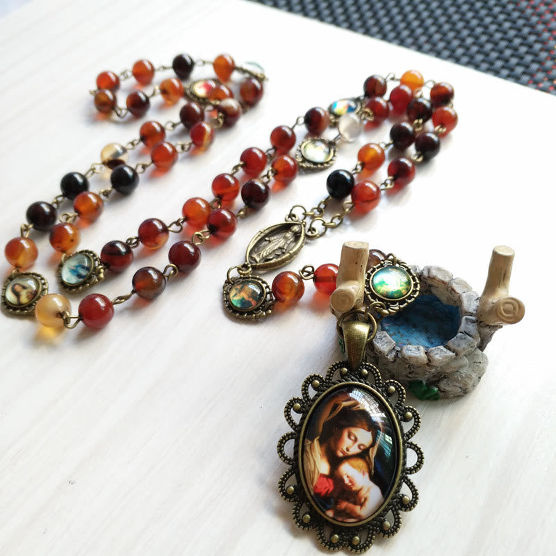 Collier chapelet avec pendentif médaille sacrée de la Vierge en agate Olivenorma