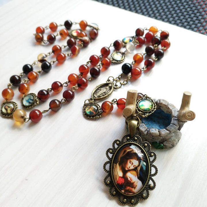 Collier chapelet avec pendentif médaille sacrée de la Vierge en agate Olivenorma
