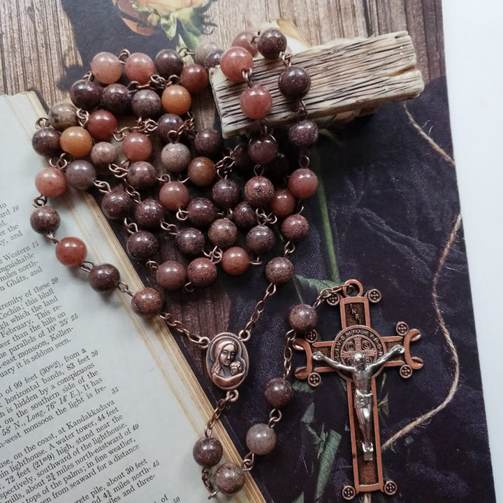 Collier chapelet avec pendentif croix en cuivre et aventurine violette Olivenorma