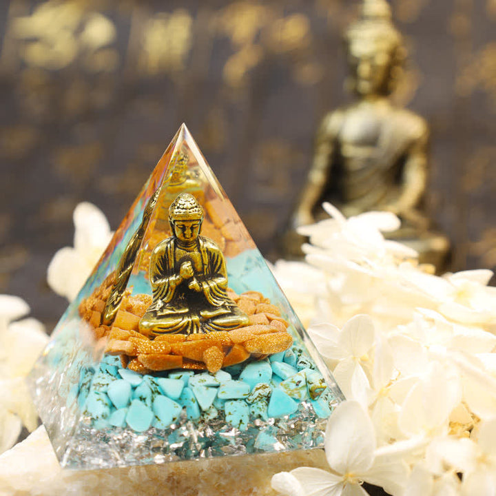 Pyramide d'orgone en grès Olivenorma avec Bouddha turquoise