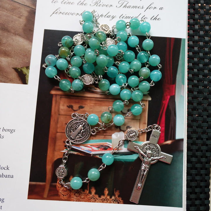 Collier pendentif chapelet en forme de croix et médaille d'amazonite Olivenorma - image 4