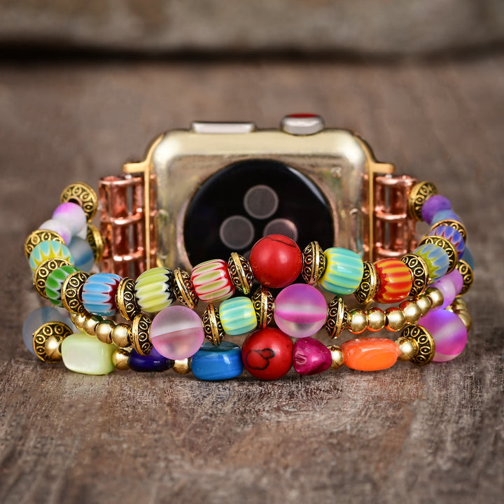 Bracelet de montre Apple Watch avec cordon élastique et perles en pierre œil de chat Olivenorma