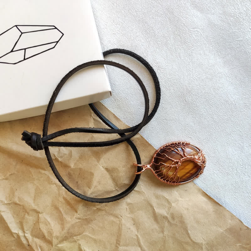 Collier ovale en pierre précieuse arbre de vie œil de tigre Olivenorma