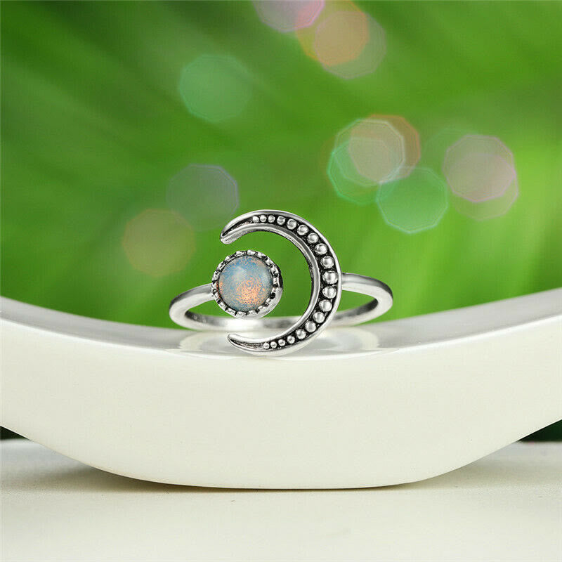 Bague ouverte en pierre de lune avec accessoire lune et soleil Olivenorma
