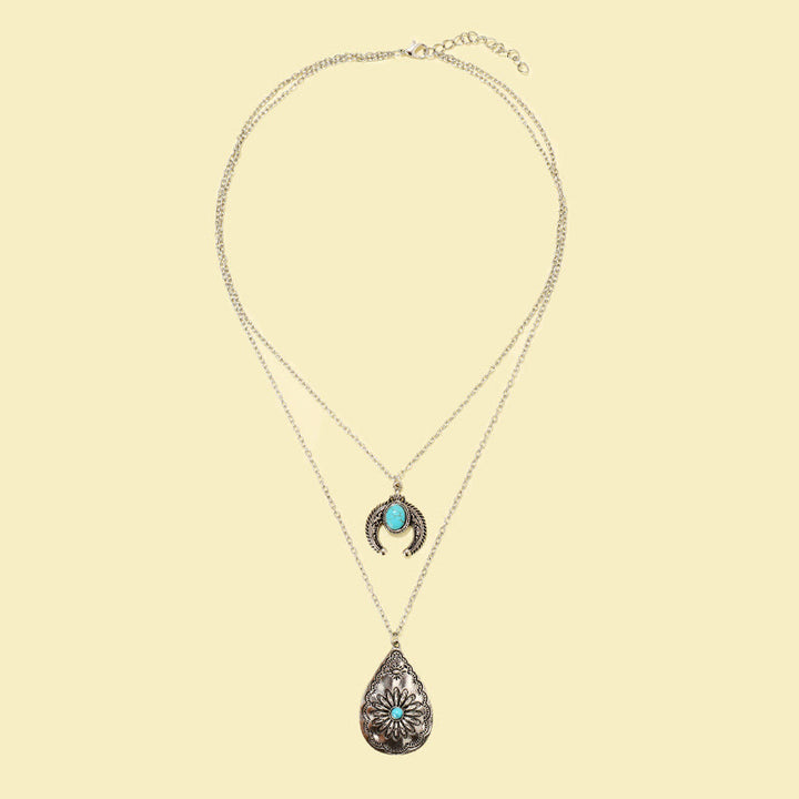 Collier pendentif double couche sculpté en forme de goutte turquoise Olivenorma