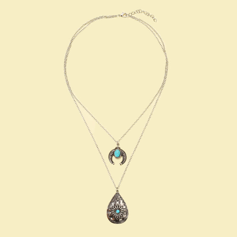 Collier pendentif double couche sculpté en forme de goutte turquoise Olivenorma