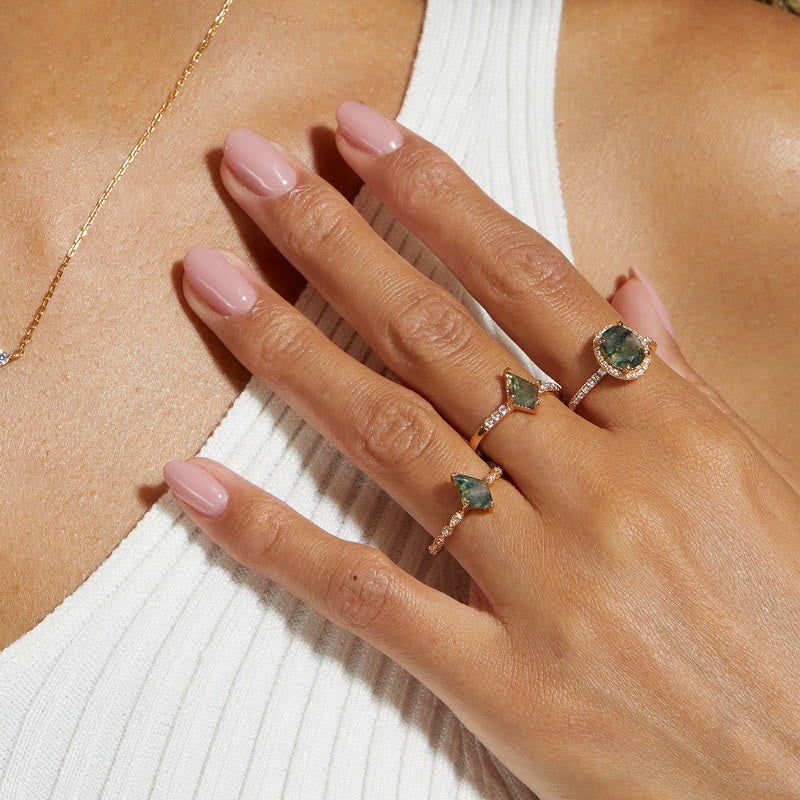 Bague à quatre griffes en agate mousse diamantée et zircon blanc Olivenorma