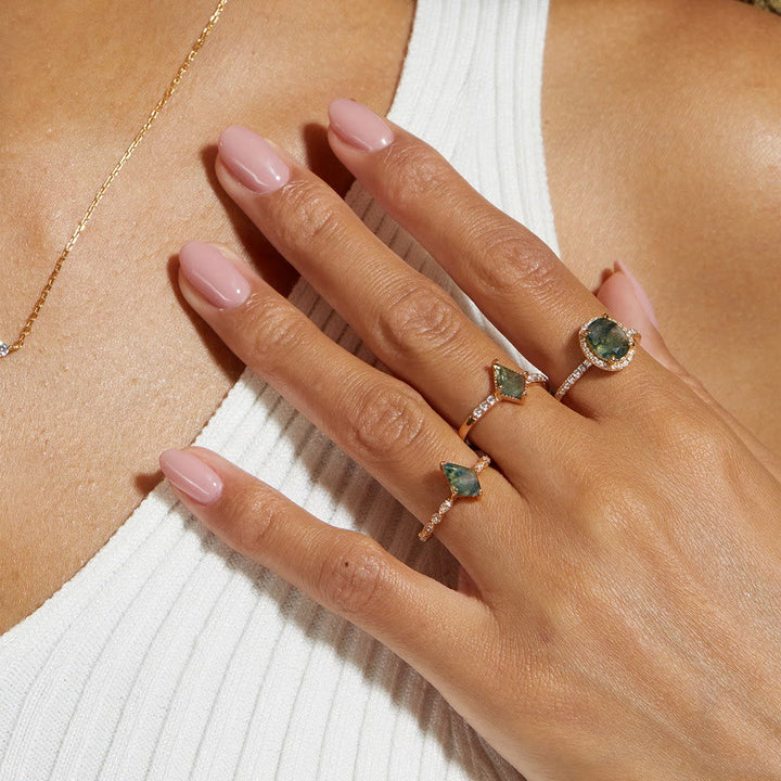 Bague à quatre griffes en agate mousse diamantée et zircon blanc Olivenorma