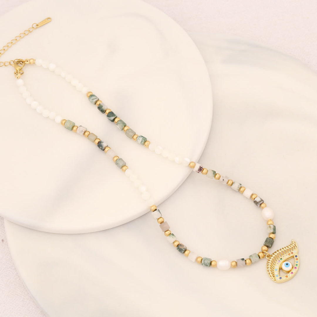 Collier pendentif mauvais œil en pierre de cristal de perle naturelle Olivenorma