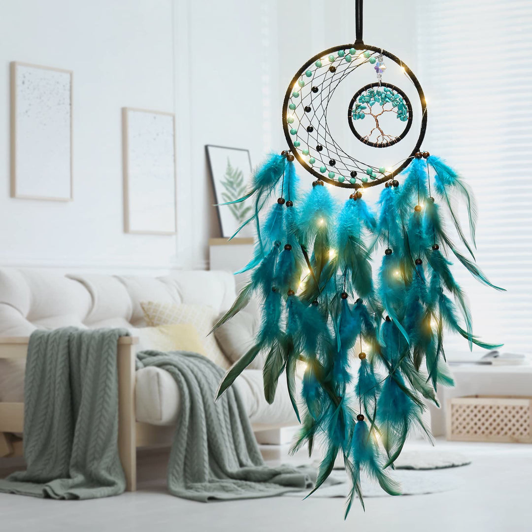 Attrape-rêves à plumes en forme d'arbre de vie turquoise à LED Olivenorma