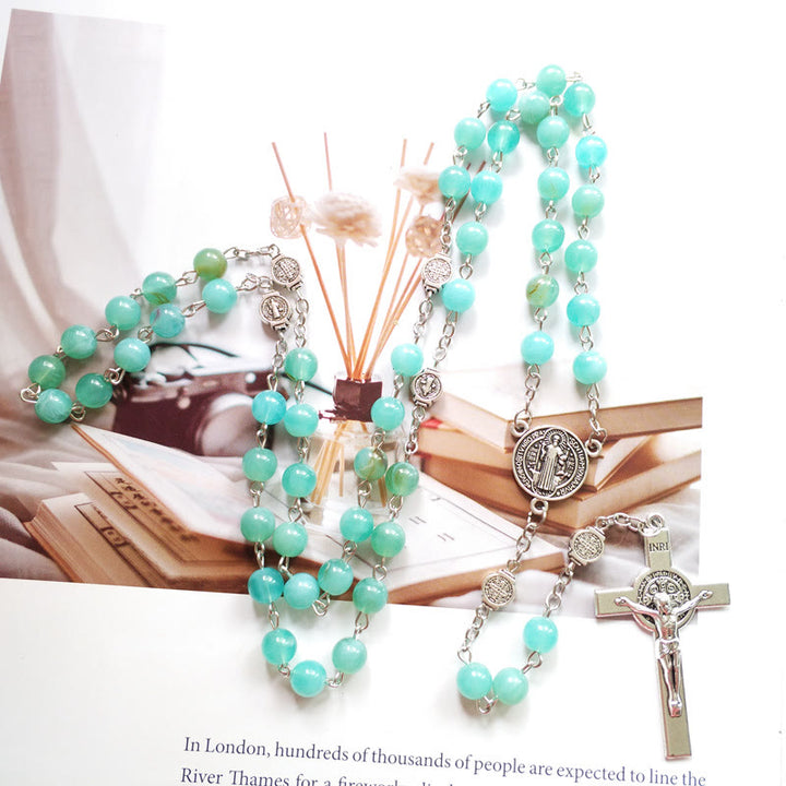 Collier pendentif chapelet en forme de croix et médaille d'amazonite Olivenorma - image 2