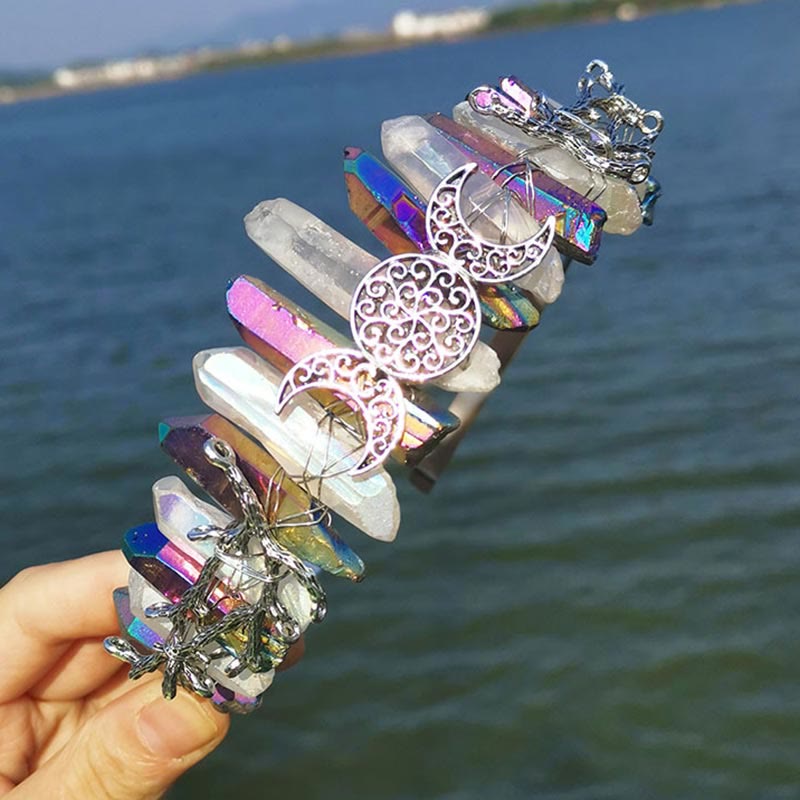 Serre-tête couronne avec coutures en cristal bicolore irisé naturel Olivenorma