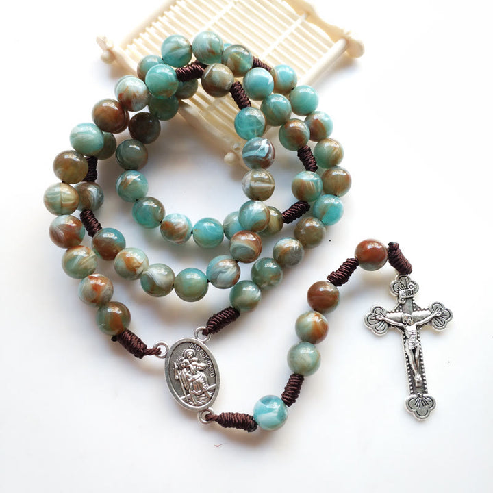 Collier chapelet avec pendentif croix en amazonite et médaille Sainte Marie Olivenorma