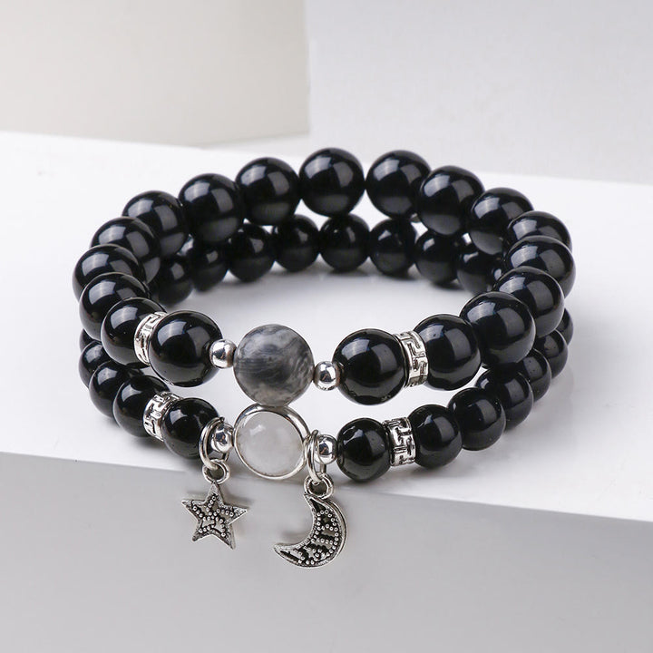 Bracelet en obsidienne de grès bleu Olivenorma avec perles de 6 mm en forme d'étoile et de lune