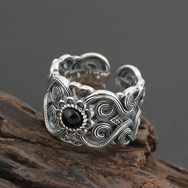 Bague ajustable à motif ethnique en onyx noir Olivenorma