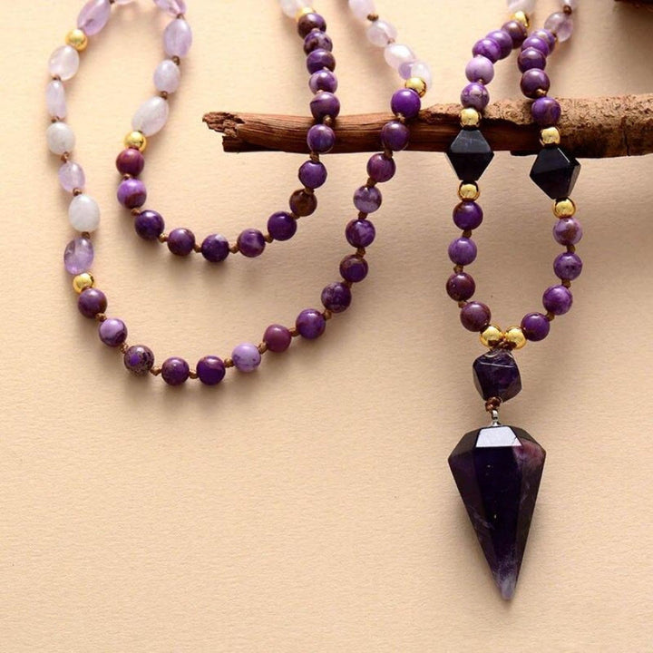 Collier Mala en perles de jade violet améthyste naturel Olivenorma