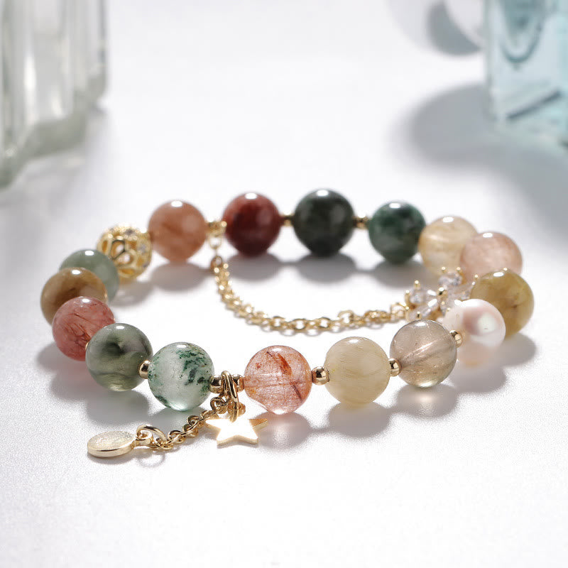 Bracelet de perles en or, quartz rutile et tourmaline, étoile et lune , Olivenorma