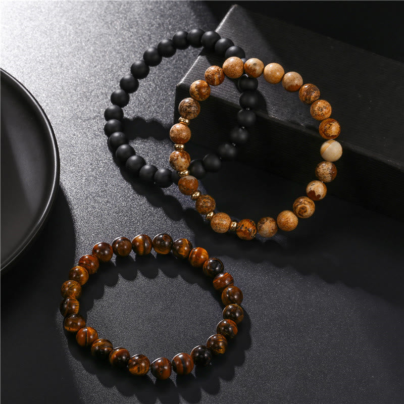 Olivenorma Lot de 3 bracelets en perles de jaspe et œil de tigre en onyx noir