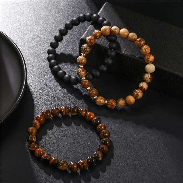 Olivenorma Lot de 3 bracelets en perles de jaspe et œil de tigre en onyx noir