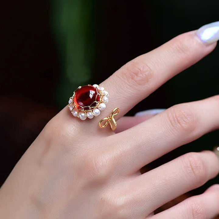 Bague de guérison en quartz rouge avec perle