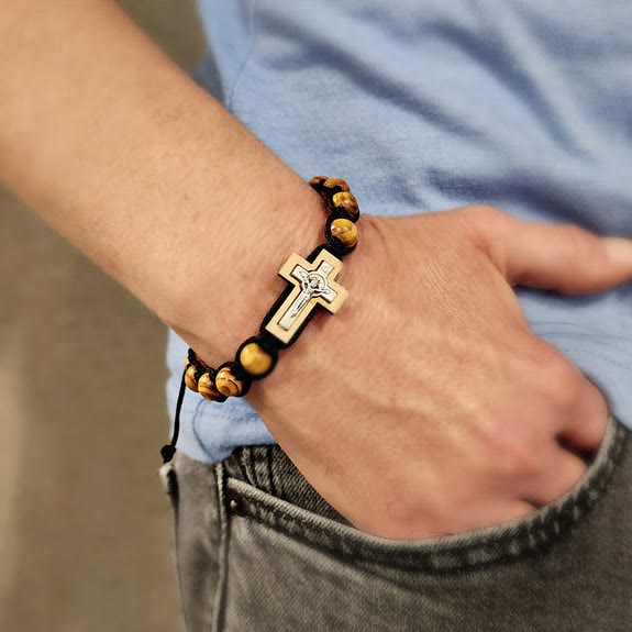 Bracelet chapelet en bois avec croix de Jésus Olivenorma