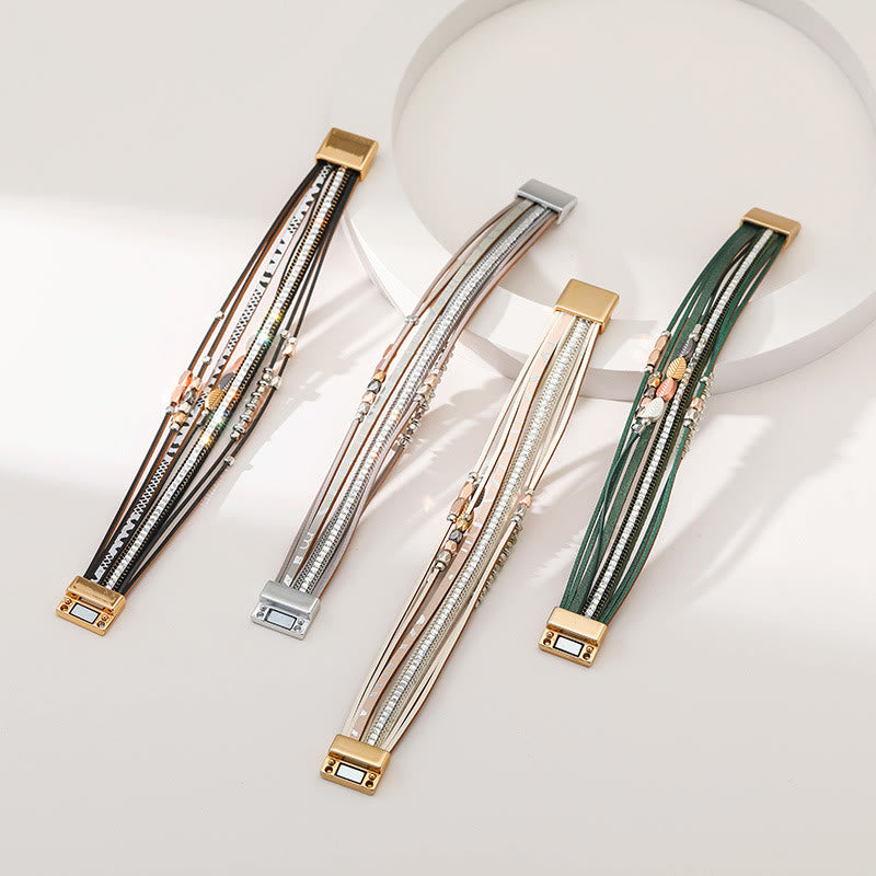 Bracelet en cuir à plusieurs niveaux avec feuille de zircon blanc et hématite Olivenorma