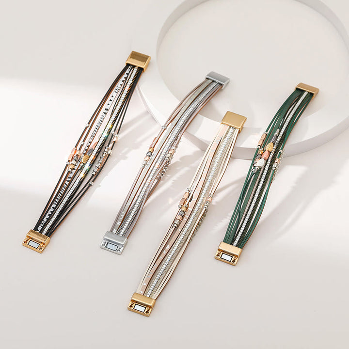 Bracelet en cuir à plusieurs niveaux avec feuille de zircon blanc et hématite Olivenorma