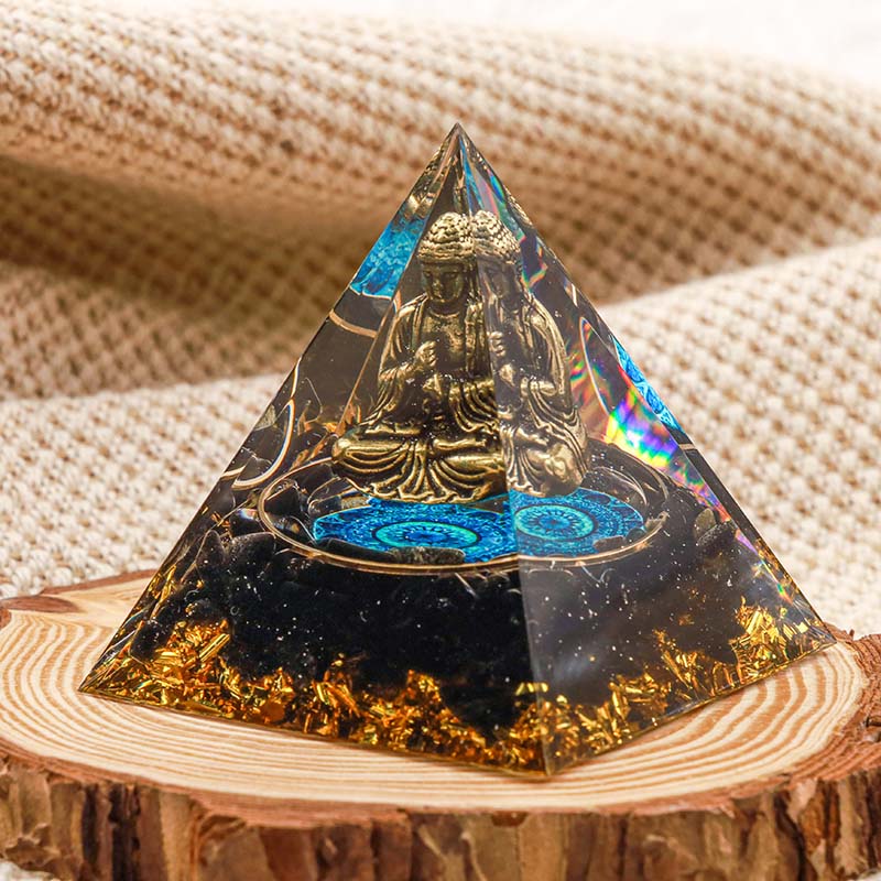 Pyramide d'orgone de protection du Bouddha en obsidienne Olivenorma