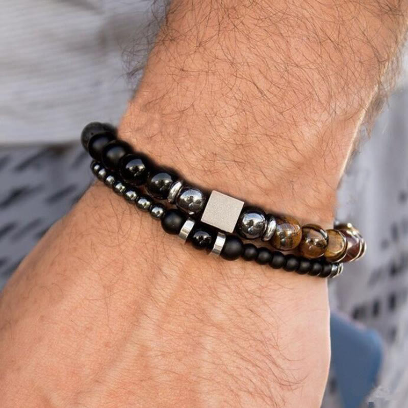 Ensemble de bracelets extensibles en forme de cube noir avec œil de tigre givré Olivenorma