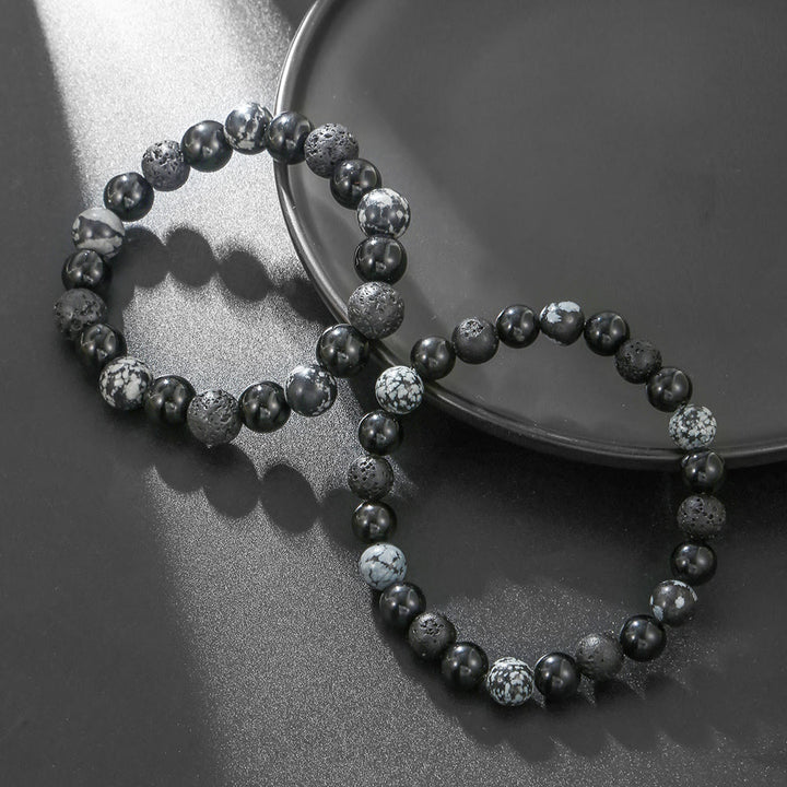 Bracelet pour homme en perles de pierre de lave, obsidienne flocon de neige et onyx noir Olivenorma