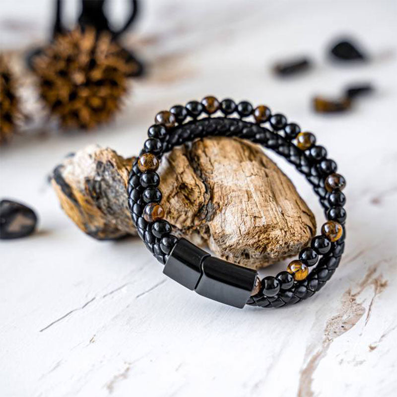 Bracelet en cuir tressé pour homme avec œil de tigre