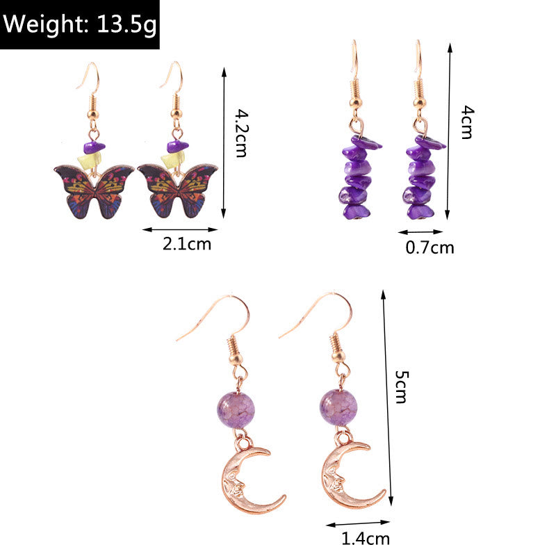Ensemble de boucles d'oreilles pendantes en forme de papillon et de lune en agate violette améthyste Olivenorma