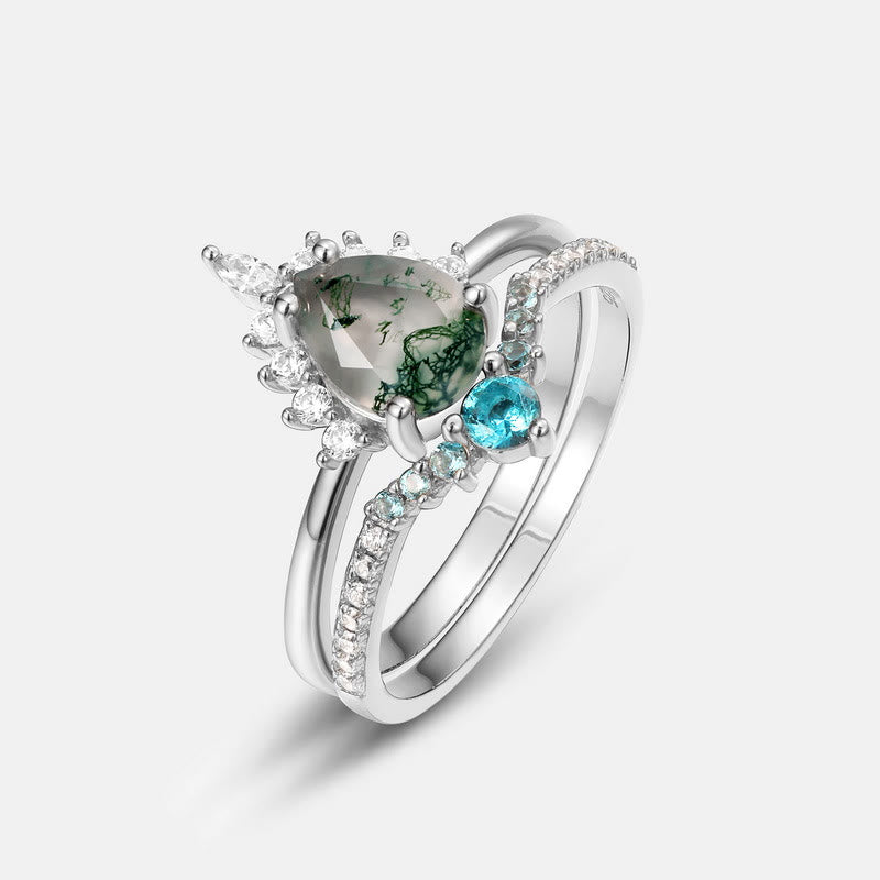 Bague en argent 925 avec 2 pièces d'agate mousse et tourmaline Paraiba Olivenorma