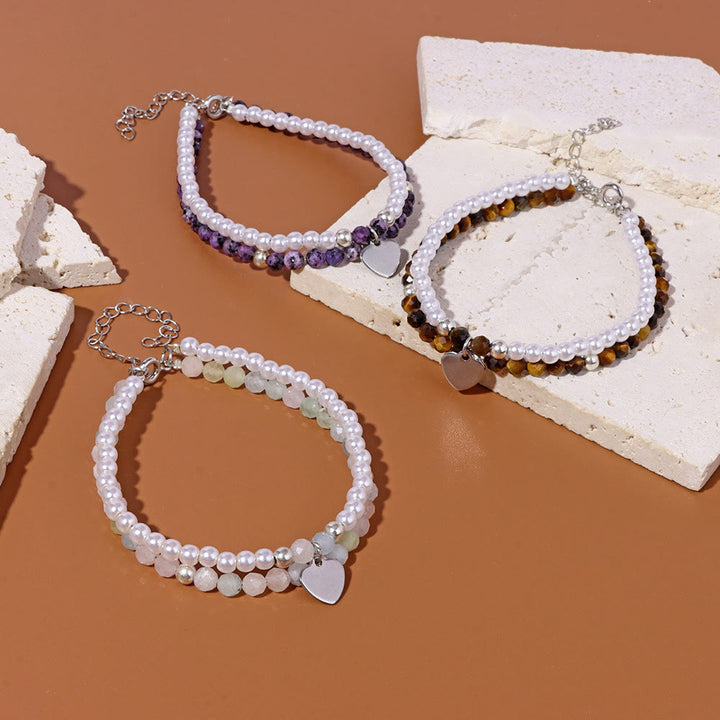 Bracelet double couche avec breloque en forme de cœur et pierre à facettes Olivenorma