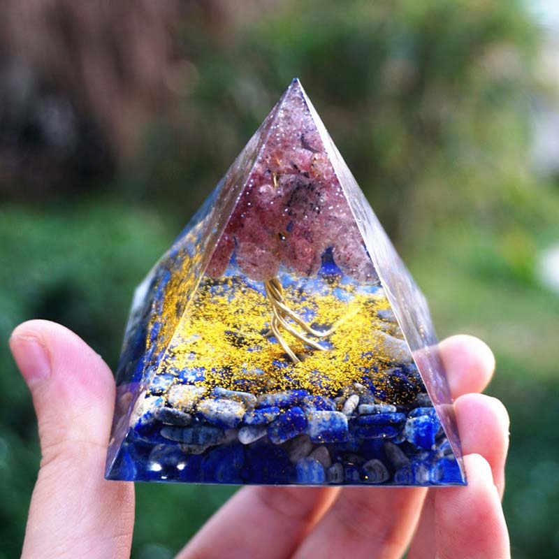 Lapis-lazuli Olivenorma avec pyramide d'orgone de l'arbre de vie en quartz fraise