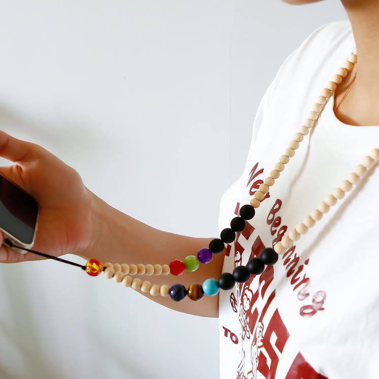 Sangle de téléphone en perles de bois faites à la main avec cordon en cristal naturel Olivenorma